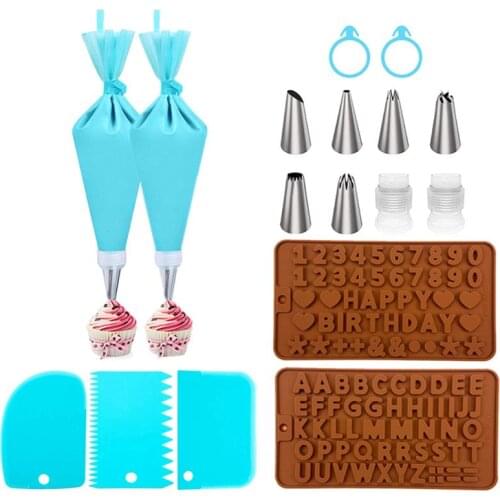 15/17pcs Cake Piping Bag Set Assorted Non-Stick Cake Decoration Kit Cupcake Scraper Icing Tip Baking Supplies Sets