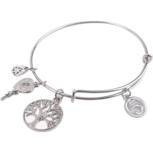 5PCS Silver Color Tone number 5th Birthday Expandable Wire Bangle Bracelet #92106