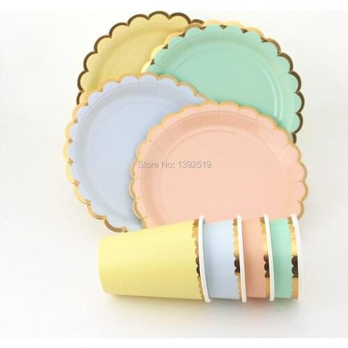 Free Ship scallop edge 7inch Paper Plates 9oz Paper Cups Mint/peach/yellow/blue with Gold Trim For Birthday Party Mermaid Pastel