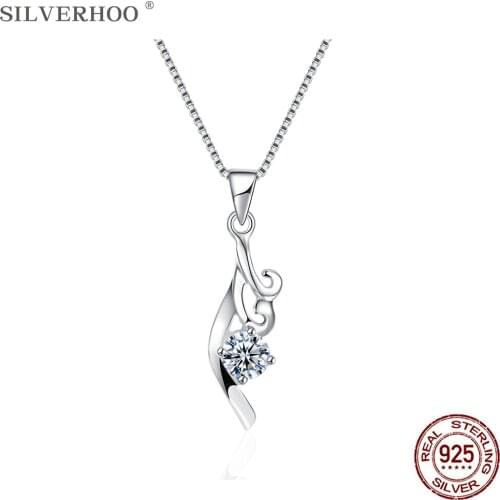 SILVERHOO 100% Sterling Silver 925 jewelry Simple Tree Leaf Charm Necklaces For Women Dazzling Cubic Zirconia Pendant Necklace