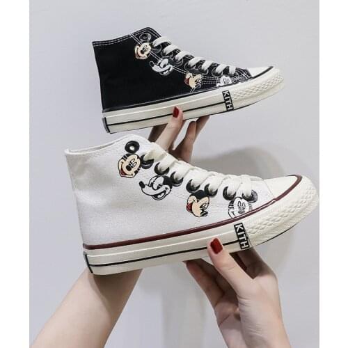 Disney Mickey High-top 4cm Platform Canvas Women Shoes Retro Lace-up Ladies Casual Sneakers Outdoor Breathable Leisure Footwear