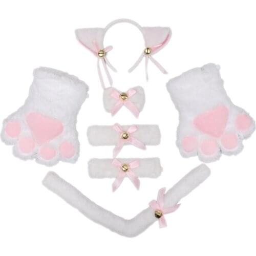 Kitty Costume Accessories Set Furry Cat Ears Headwear Tail Collar Lolita Bowknot Bells Lovely Maid Cosplay Headpiece