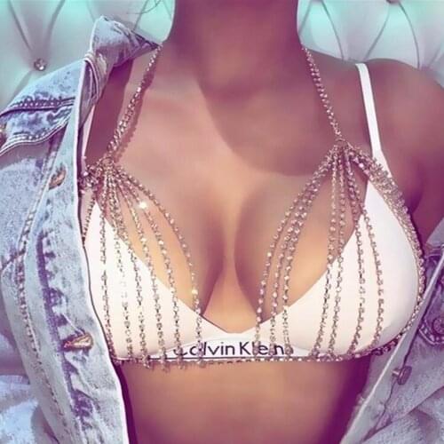 Europe and America Trendy Sexy Sternal chain Golden Bras Shining Rhinestone Exaggeration Body jewelry Chain Beach Bar Fashion