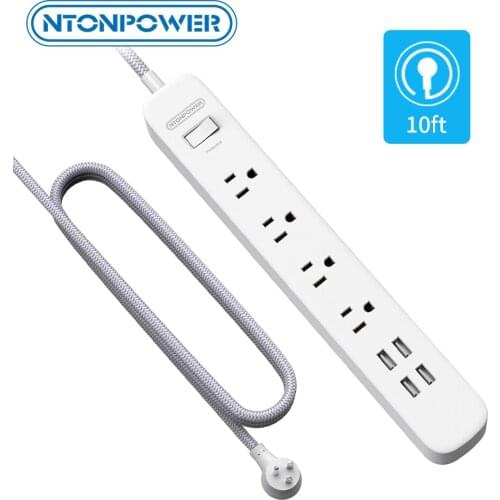 NTONPOWER Power Strip US Multi Plug Socket 10ft White Braided Line Surge Protector 1700J Extension Socket For Home Office