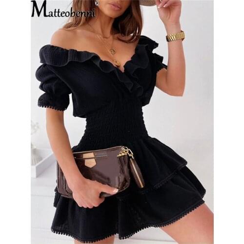 Woman Sexy Black Ruffles A-Line Dress High Waist Short-Sleeve Solid Dresses For Women Summer Off Shoulder Ladies Vintage Dress
