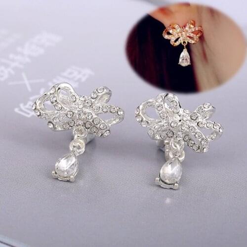 Grace Jun 2 Color Choose Rhinestone Cz Bowknot Water Drop Clip on Earrings Without Piercing for Women Fashion No Hole Ear Clip