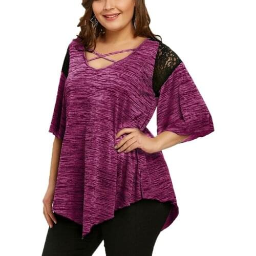 New ladies plus size T-shirt 7XL-4XL fashion lace cross irregular lotus leaf sleeve splicing top short-sleeved casual T-shirt