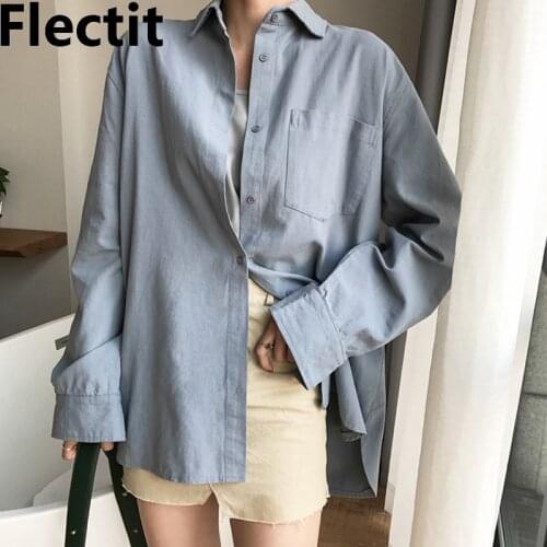 Flectit Summer Shirt Women Long Sleeve Button-up Collared Oversize White Cotton Shirt Casual Outfit