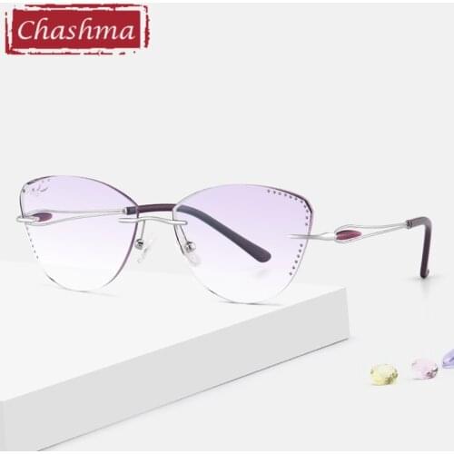 Cat Eye Prescription Glasses for Women Rhinestone Gradient Colored Lenses Rimless Frame