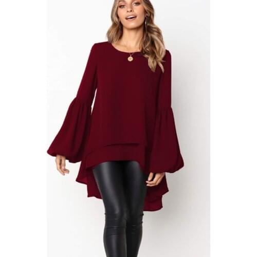 Women Chiffon Ruffled Tops Blouse Flare Long Sleeve Solid Casual Blouse Simple Swallowtail Design Top Summer Clothes Mujer