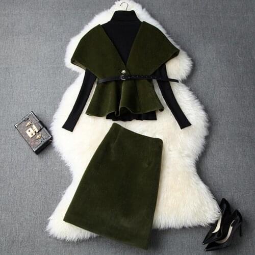 Womens suit autumn and winter new style turtleneck sweater + cape waist coat + woolen skirt 3 piece set women
