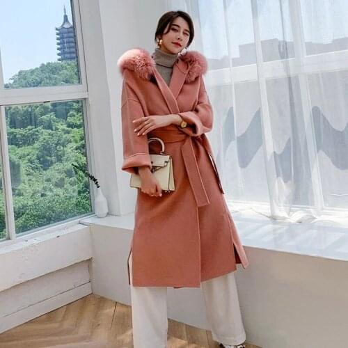 Women Winter Long Jacket Double-Sided Wool Coat with Real Fox Fur Collar Female Cashmere Blends Thickening Warm Overcoat