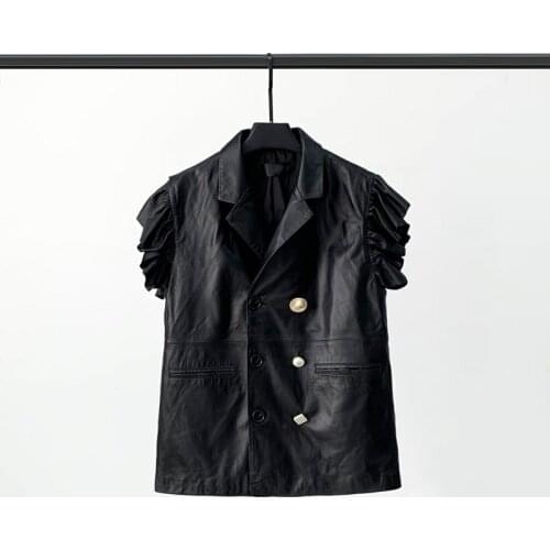 2021 Autumn New Leather Suit Vest Womens Long Sleeveless Leather Coat Wood Ear Waistcoat Sheepskin Coat Tide