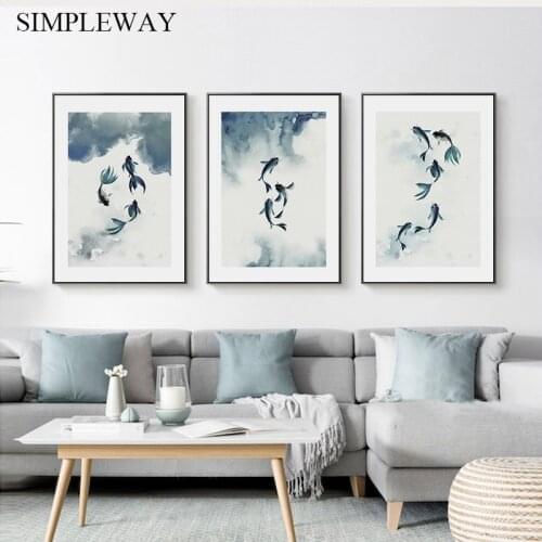 Watercolor Ink Painting Fish Chinese Style Abstract Poster Canvas Wall Art Print Decorative Picture Modern Room Decoration