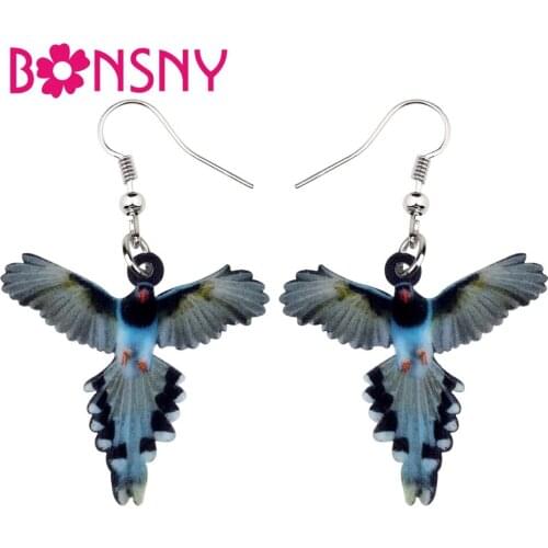 Bonsny Acrylic Elegant Taiwan Blue Magpie Bird Earrings Big Long Dangle Drop Unique Animal Jewelry For Women Girls Accessories