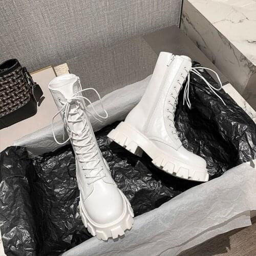 2021 Winter Fashion Women Beige Lace Up Martin Boots Black Wedges High Heels Platform Punk Motorcycle Boots Ankle Boots Shoes