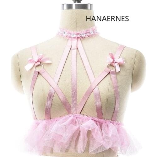 Women Body Harness Cage Cupless Bra Lingerie Erotic Bondage Club Dancer Crop Tops Pastel Goth Clothes Garter Pink Lace Clothes