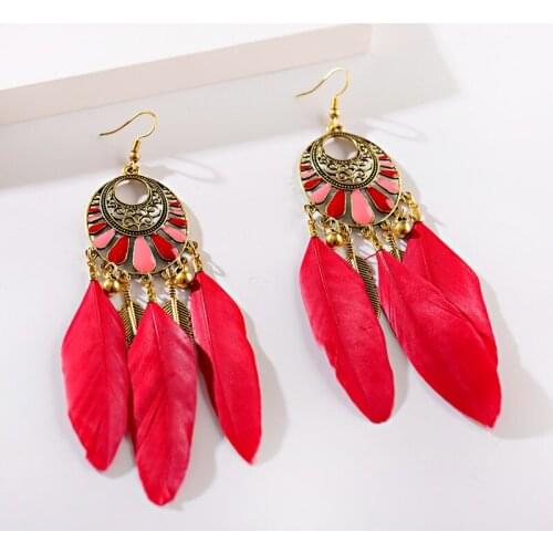 Ethnic Boho Red Black Blue Multicolor Feather Earrings For Women Dripping Oil Metal Tassel Earrings Jewelry Accessories