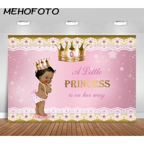 MEHOFOTO Royal Princess Baby Shower Backdrop Gold Crown Africa American Little Girl Baby Shower Photography Background Banner