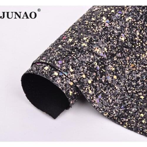 JUNAO 20*34cm Black Sequin Leatherette Fabric Faux Leather Strass Trim Sewing Leather Applique For Crafts Apparel Decoration