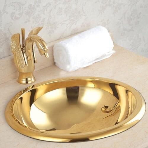 Classical Luxury Antique Titanium Golden Copper Basin Golden Plating Polish Round Basin Sink with Drainer for Hotel Home Use
