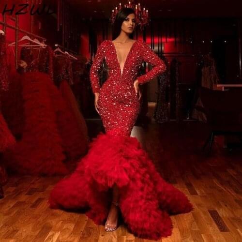 Red Prom Dresses WIth Deep V Neck Sequins High Low Mermaid Evening Dress Vestidos Full Sleeves Tulle Celebruty Party Gowns