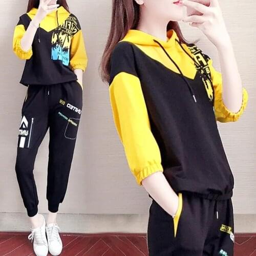 Fashion printing Hooded sports short sleeve Suit Women Casual loose big size full length sets Ladies summer sreet Two Piece Set
