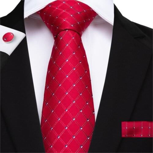 MJ-7131 DiBanGu Classic Red Plaid Mens Tie 100% Silk Tie Hanky Cufflinks Tie for Men Suit Business Wedding Party Tie Set