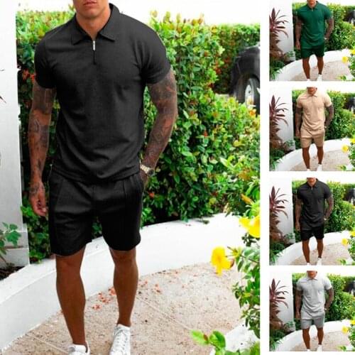 2021 New Summer High Quality Mens Solid Color Lapel Slim T-shirt Shorts Two Piece Sports Men Sets