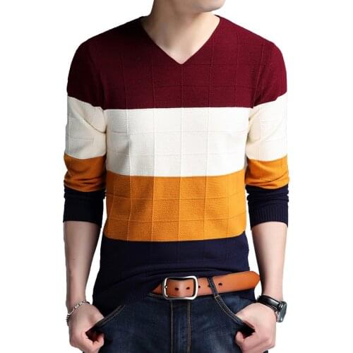 Sweater Autumn Mens Long Sleeve Slim Sweaters New V-neck Fit Sweater Striped Bottom Sweaters Large Size M-4XL