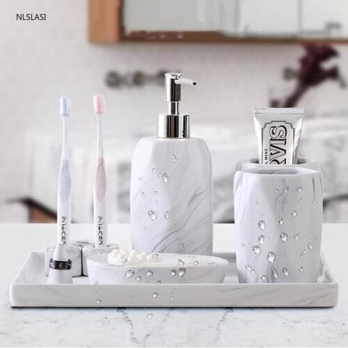 Nordic Imitation Marble Bathroom Accessory Set Washing Tools ceramics Soap dispenser gargle cup Toothbrush Holder Wedding gifts