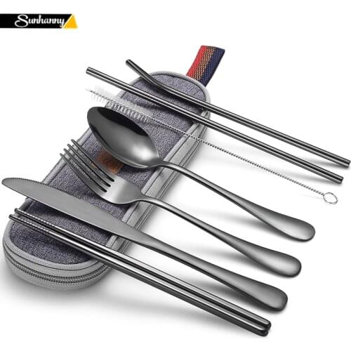 Dinnerware Set Camping Cutlery Set Travel Silverware Reusable Utensils with Metal Straw Spoon Fork Chopsticks and Portable Case