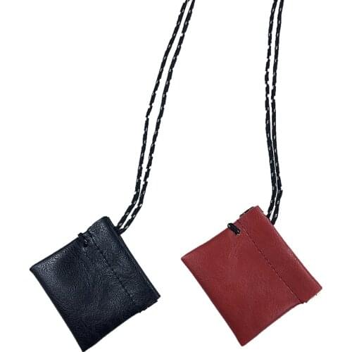 Solid Black Pu Leather Lanyard Hand Coin Purse Hanging Neck Women Men Small Short Wallet Wristlet Money Change Bag Card Holder
