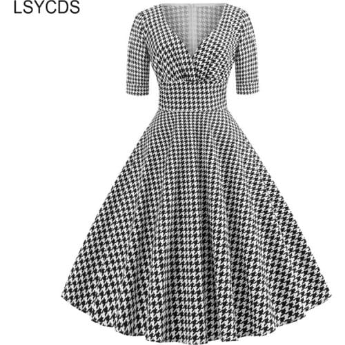 LSYCDS Women Vintage Elegant Dress Houndstooth V-Neck Half Sleeve Knee-length Dress Robe Retro Casual Party A-Line 50s 60s Dress