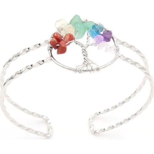 Silver Plated Wire Tree of Life Rainbow Stone Cuff Bangle Carnelian Attractive Design Jewelry