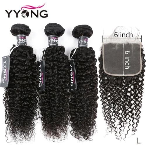 YYong 4x4& 6x6 Closure With Bundles Kinky Curly 3/4 Bundles Human Hair With Closure Peruvian Remy Hair Bundles With Lace Closure