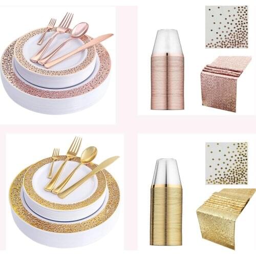 PS Rigid Rose Gold Party Disposable Tableware Gold Cup Plate 1st Birthday Party Decor Kids Baby Shower Wedding Party Supplies