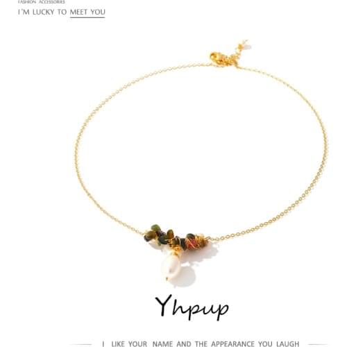Yhpup Luxury Freshwater Pearls Shell Flower Pendant Necklace Temperament Tourmaline Necklace Jewelry for Women Anniversary Gift