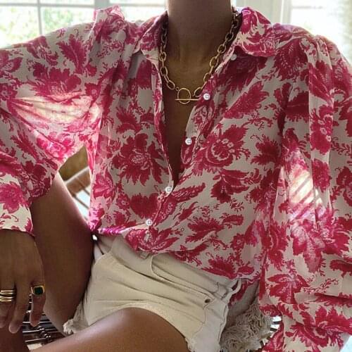 Floral Print Puff Sleeve Shirt Long Sleeve V Neck Casual Fashion Loose Shirts 2021 Spring Autumn Elegant Button Vintage Shirt