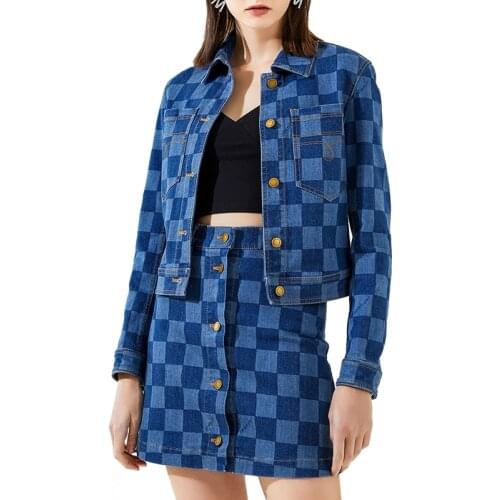 Vintage Checkerboard Denim Jacket Women Streetwear Denim Jacket Fashion Contrast Denim Jacket Harajuku Plaid Denim Jacket