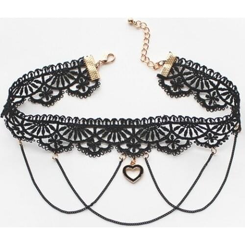 Vintage Lolita Heart Pendant Choker Cosplay Accessories Hollow Lace Choker Necklace for Women Black Stretch Punk Gothic Choker