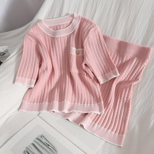 Vintage Jacquard Knit Two Piece Set Women Outfits Pocket Top + Bodycon Mini Skirt Sets Girls Pullover Sweater 2 Peices Outfits