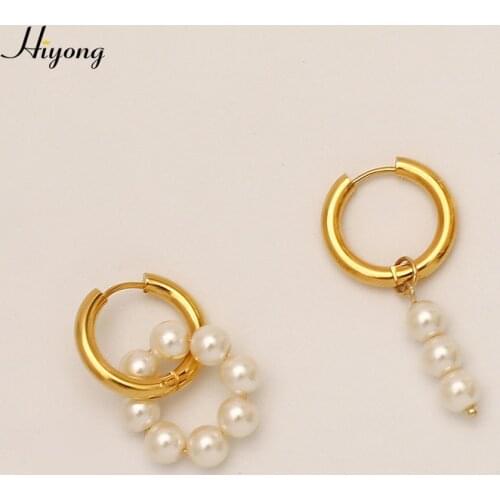 HIYONG Natural Freshwater Pearl Dangle Earrings Asymmetric Double Circle Drop Earrings Korea Style Hoop Earring Elgant Jewelry