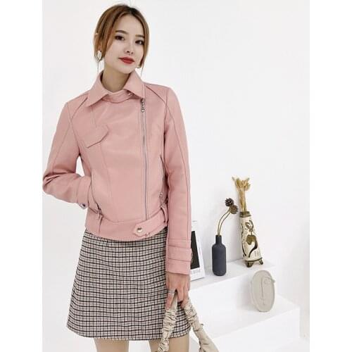 2021 Spring Female New Pu Faux Soft Leather Motorcycle Women Zipper Jacket Turndown Collar Slim Biker Coats Basic Streetwear