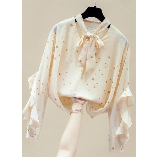 Long Sleeve Blouse Women Blusas Mujer De Moda 2021 Bow V-Neck Print Chiffon Blouse Shirt Tops Blusa Womens Tops And Blouses D771