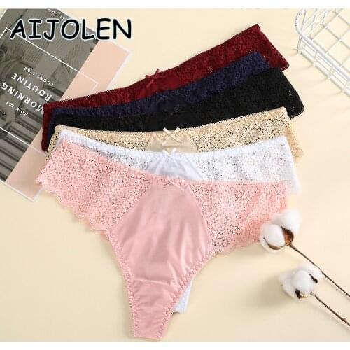 AIJOLEN Bowknot Stitching Ladies Thong and G-String Lace Ice Silk Low-rise Underwear Slim-fit Hollow Sexy Panties