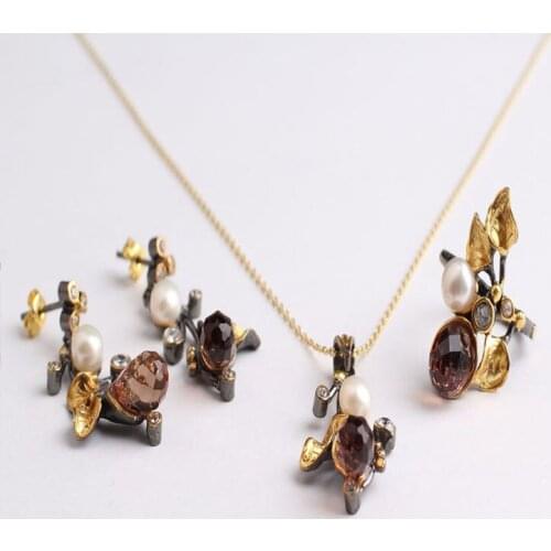 Drop Pearl Leaf Zultanite Jewelry Set Gold Plated,Woman Silver Zultanite Ring+Necklace+Earrings,Handmade Woman Silver