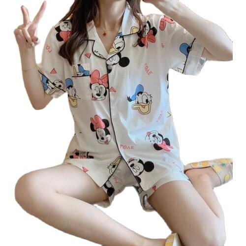 Plus Size Summer Casual Brand Top Shorts Set Home Suit Silk Womens Homewear Stain 2 Piece Set Mickey Mouse Loose Nightgown