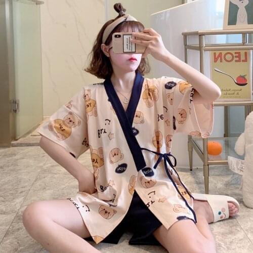 Women Pajamas Set Japanese Kimono Pyjamas Kawaii Cartoon Yukata Summer Cotton Short Sleeve Homesuit Harajuku Anime Pijamas Party