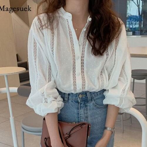 White Casual Womens Shirt Korean Hollow Hook Flower Plus Size Blouse Polka Dot Stand Collar Shirts Long Sleeve Loose Top 15400